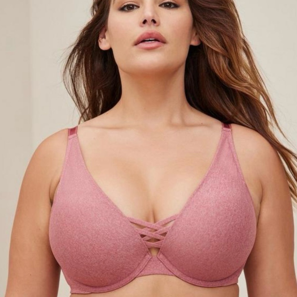 Torrid XO Plunge Push-Up Bra 36D Mauvewood Pink Heather Mauve Sexy Crisscross